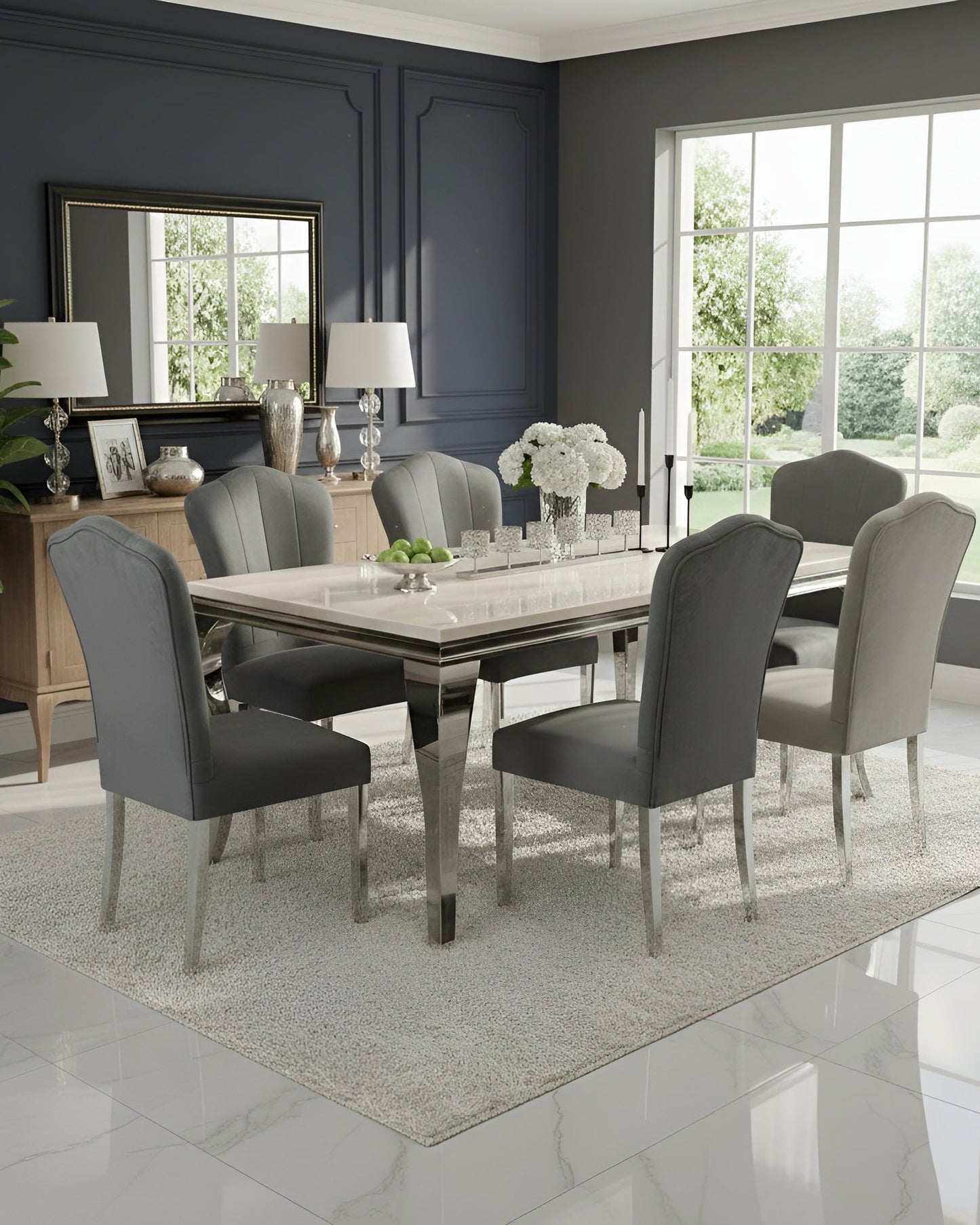 Louis marble dining table with Alice chairs - detail view