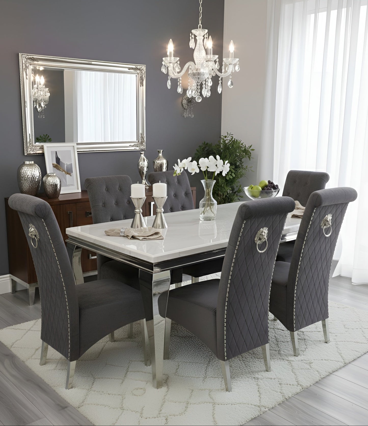 Louis white marble dining table with Sofia grey velvet chairs