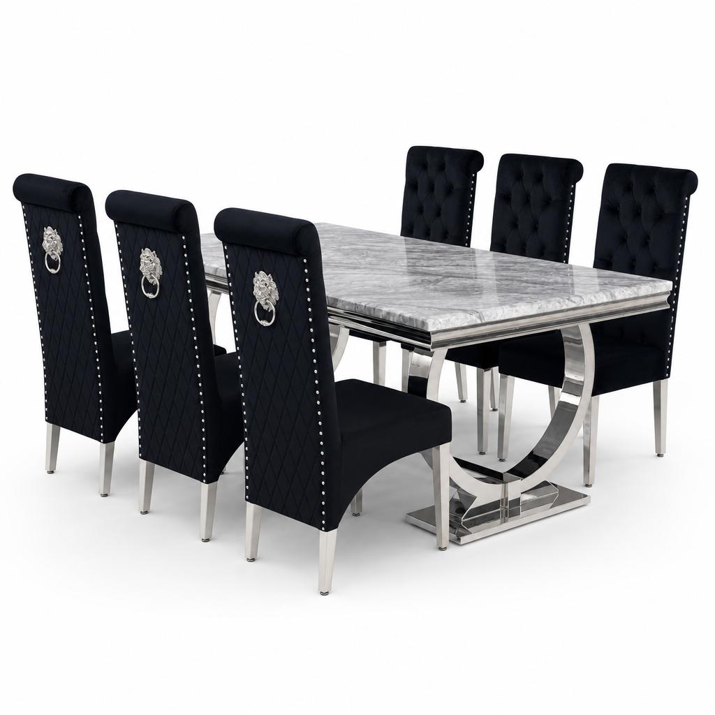Ariana Grey Marble Dining Set with Lucy Black Velvet Chairs - studio