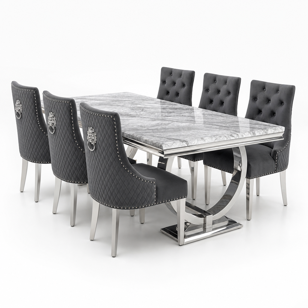 Ariana Grey Marble Dining Set with Majestic Dark Grey Velvet Chairs - studio
