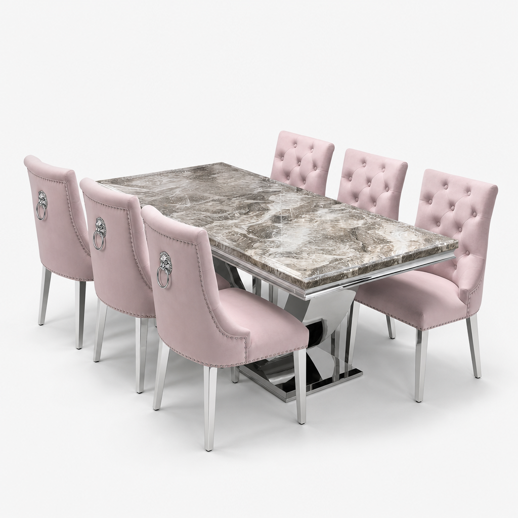 Ariel Beige Marble Dining Set with Majestic Pink Velvet Chairs - studio