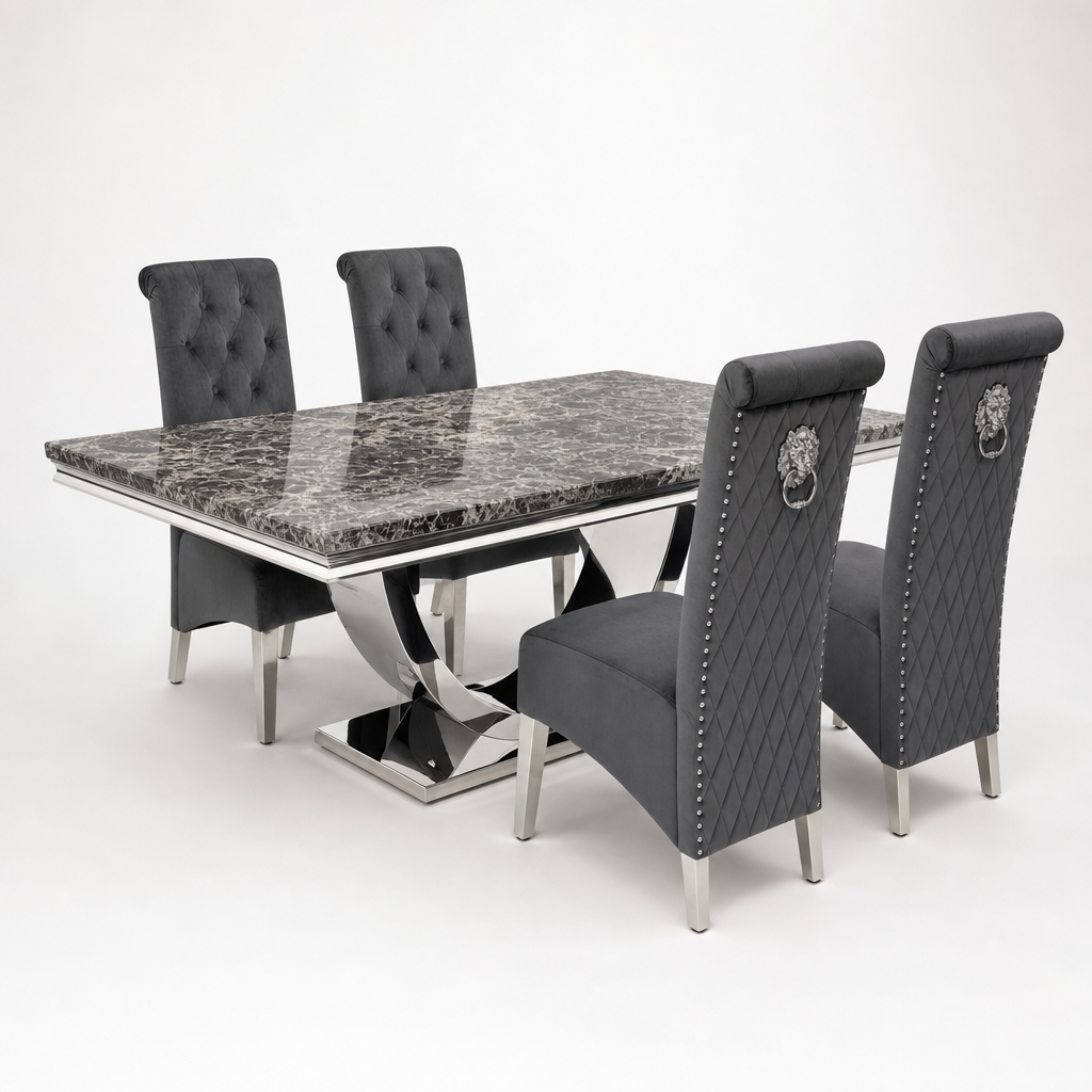 Ariel Black Marble Dining Set with Lucy Dark Grey Velvet Chairs - studio