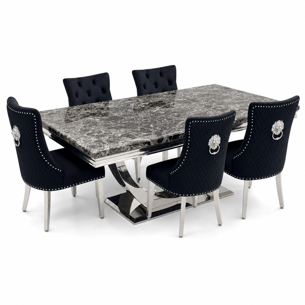 Ariel Black Marble Dining Set with Majestic Black Velvet Chairs - studio