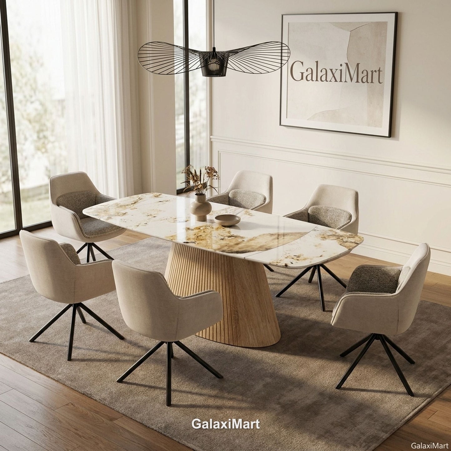 Monaco Beige Extendable Dining Set with Carpi Beige Swivel Chairs - 6 chair set
