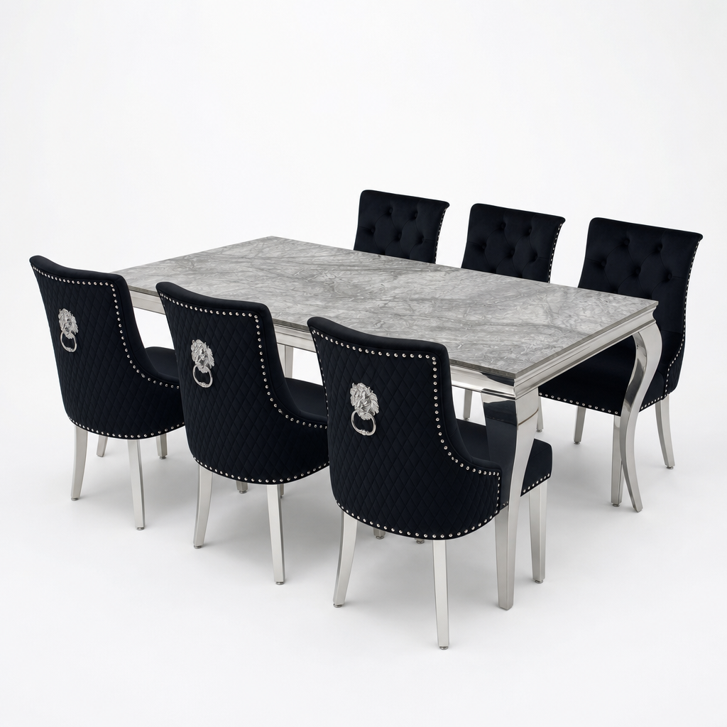 Louis Grey Marble Dining Set with Majestic Black Velvet Chairs