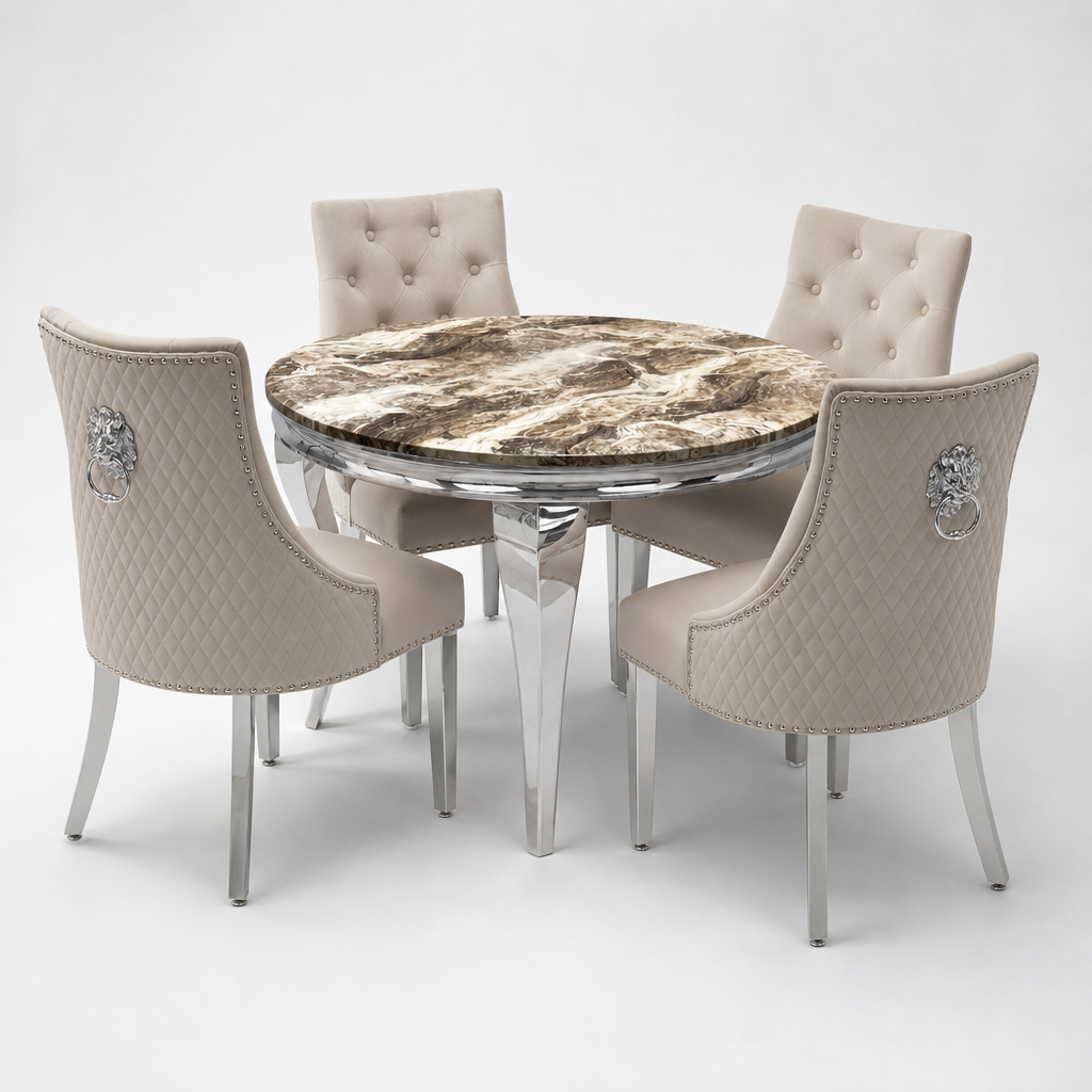 Louis Beige Marble Round Dining Set with Majestic Mink Velvet Chairs
