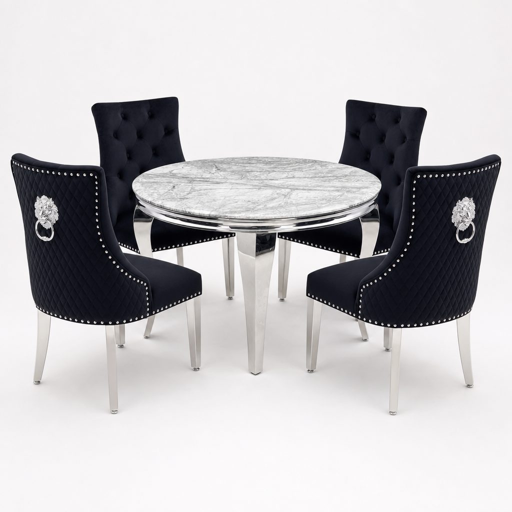 Louis Grey Marble Round Dining Set with Majestic Black Velvet Chairs