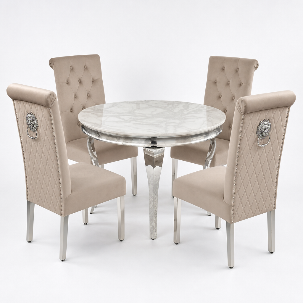 Louis White Marble Round Dining Set with Lucy Mink Velvet Chairs