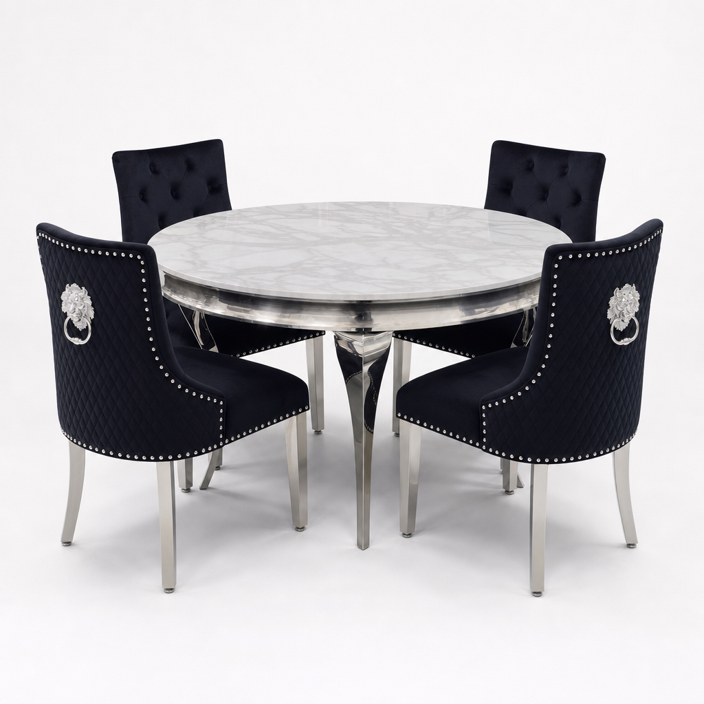 Louis White Marble Round Dining Set with Majestic Black Velvet Chairs