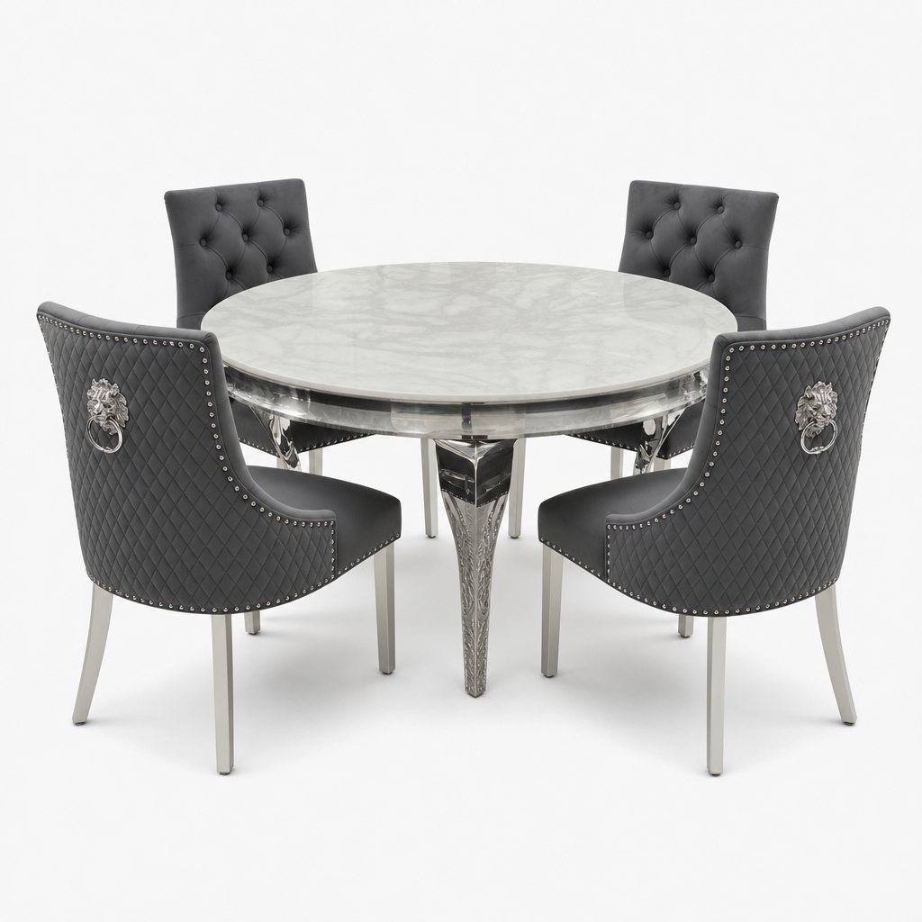 Louis White Marble Round Dining Set with Majestic Dark Grey Velvet Chairs