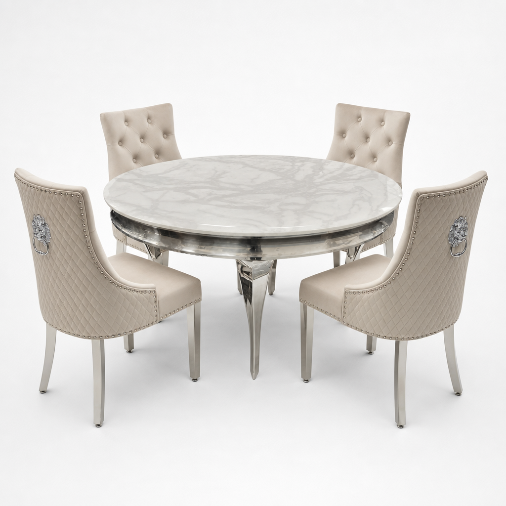 Louis White Marble Round Dining Set with Majestic Mink Velvet Chairs
