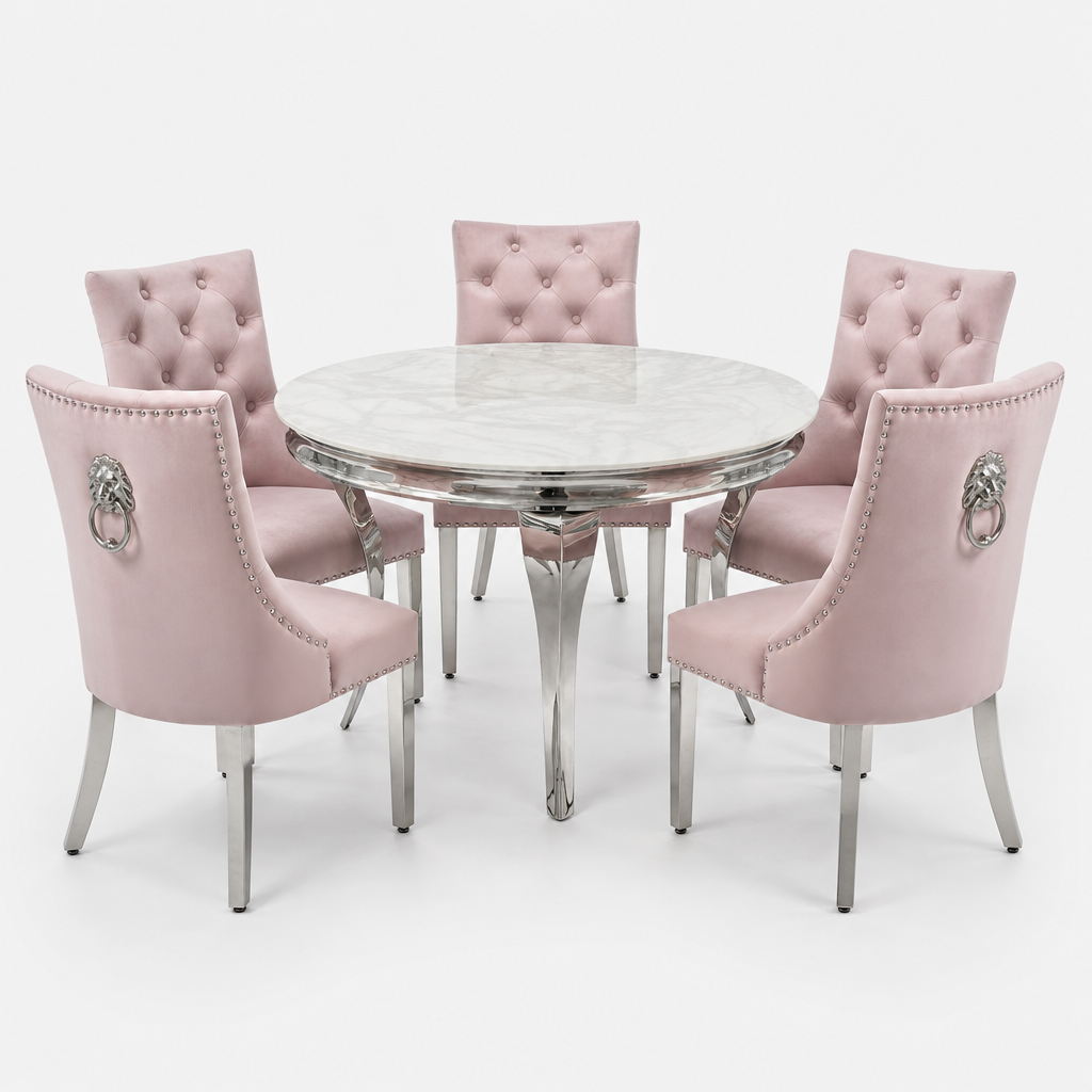 Louis White Marble Round Dining Set with Majestic Pink Velvet Chairs