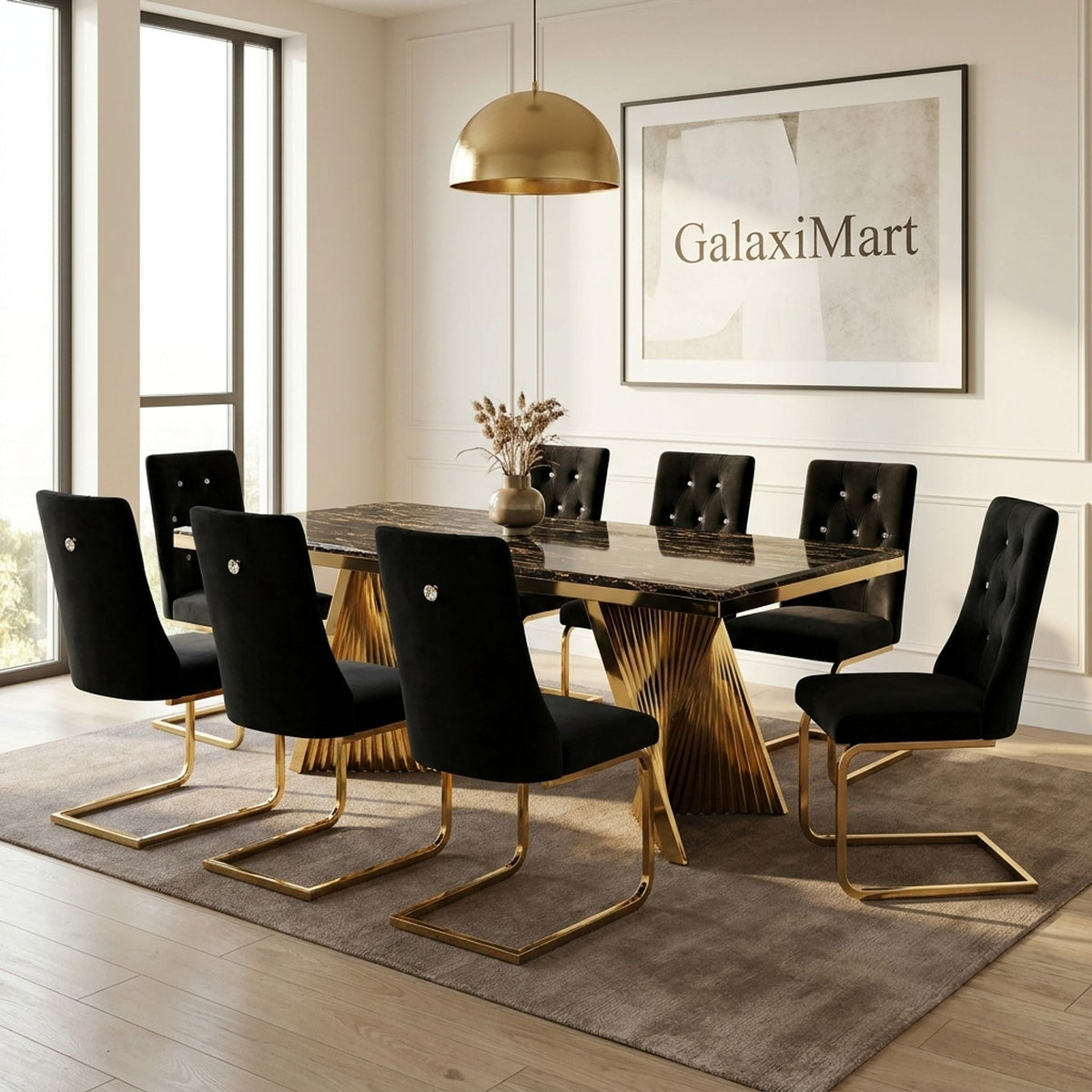 Rovello Black & Gold Marble Dining Set with Carpi Black Velvet Chairs, 180cm 8 chairs