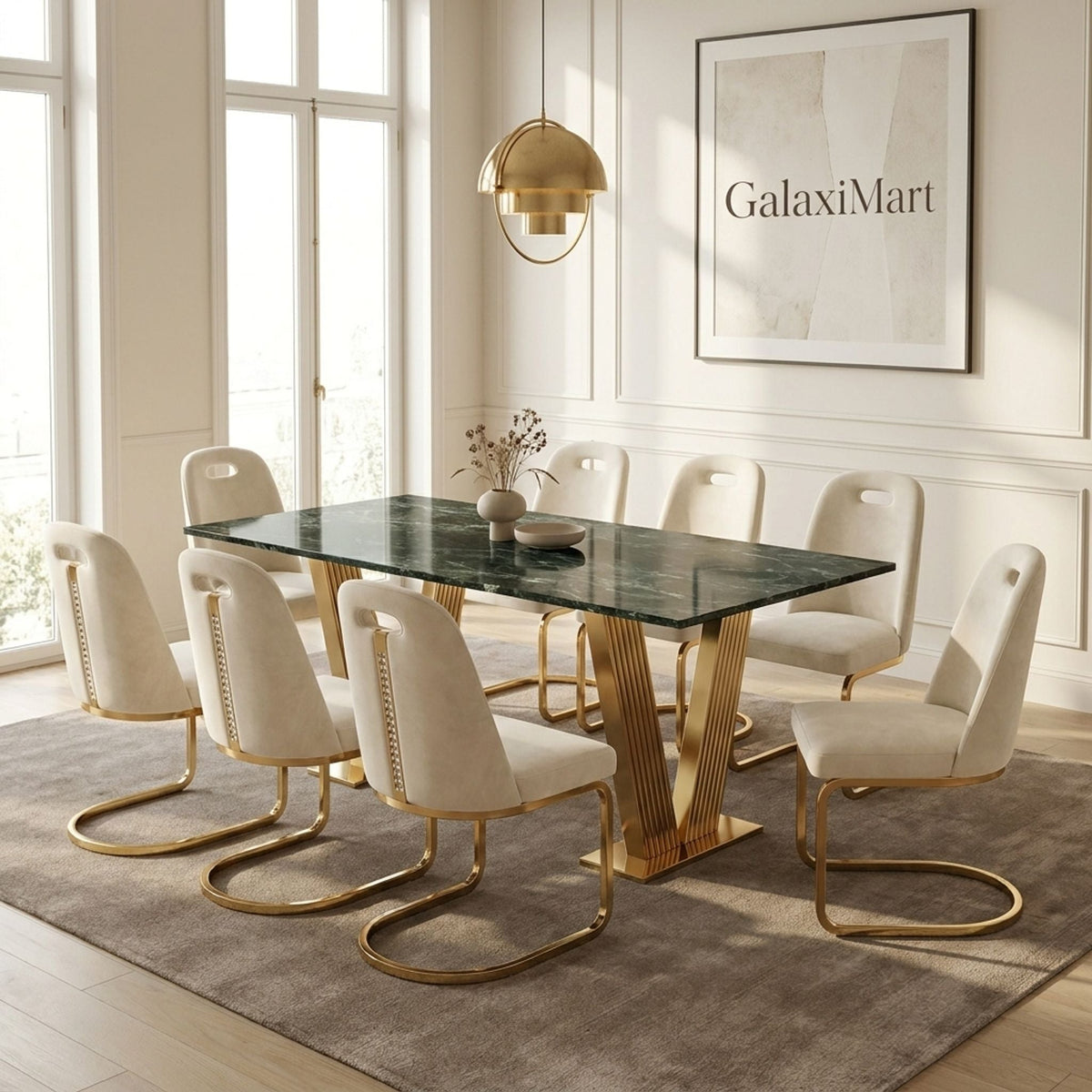 Rovello Black & Gold Marble Dining Set with Carpi Cream Velvet Chairs, 180cm 8 chairs