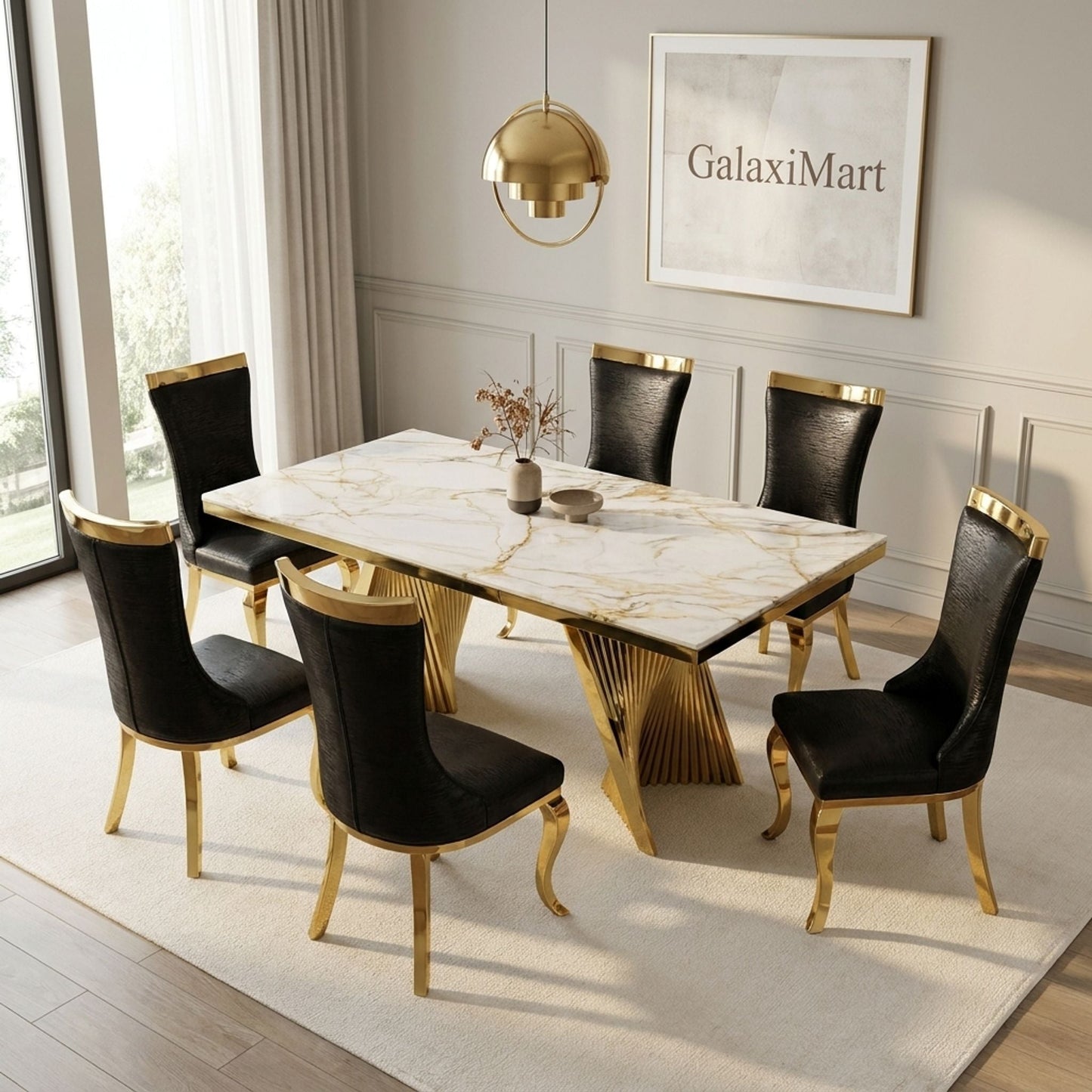 Rovello White & Gold Marble Dining Set with Miami Black & Gold Chairs, 180cm 8 chairs