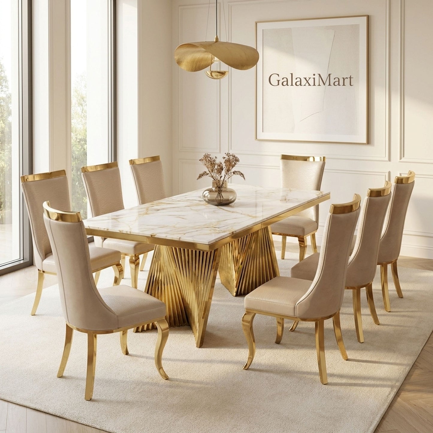 Rovello White & Gold Marble Dining Set with Miami Mink & Gold Chairs, 180cm 8 chairs