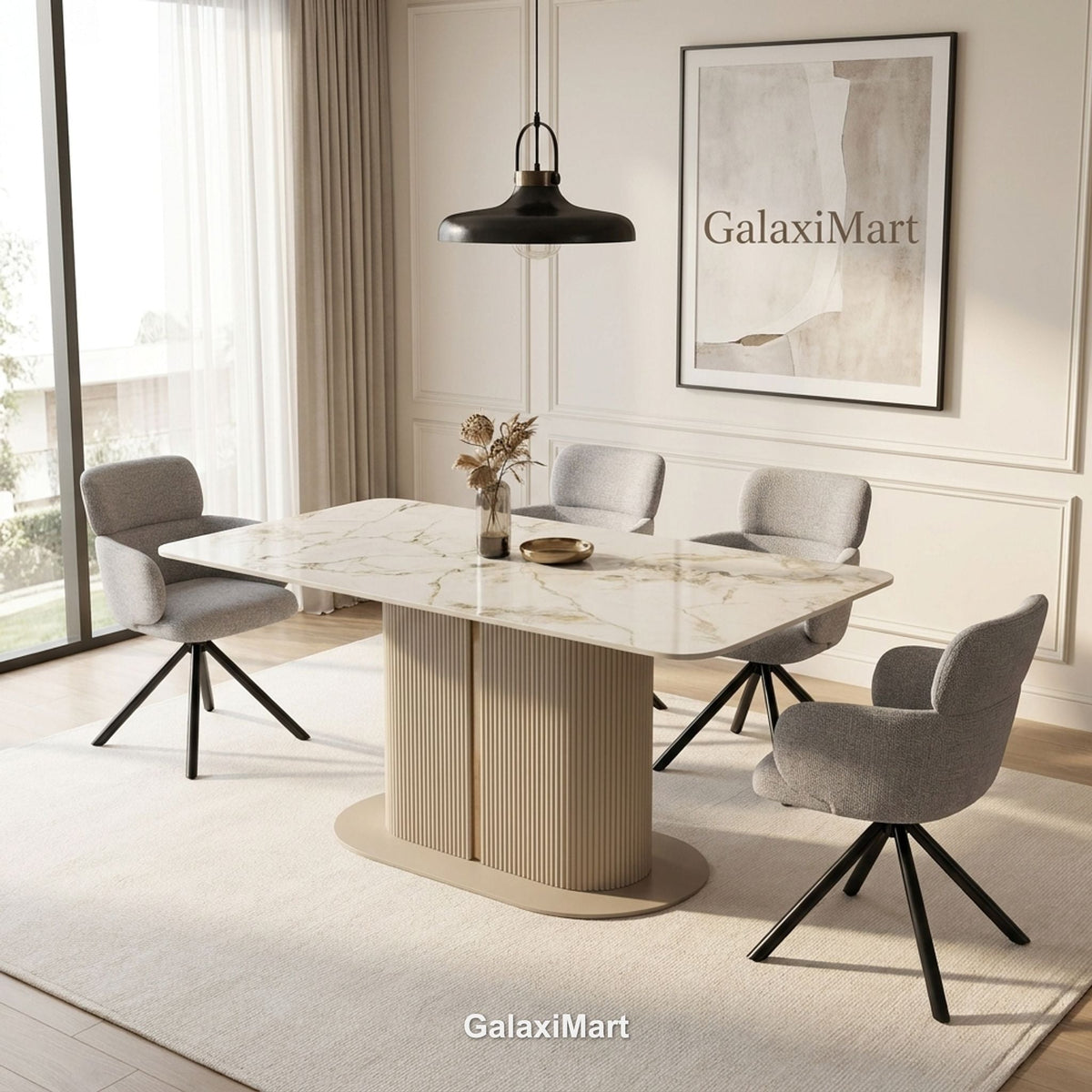 Sydney Cream Dining Table with Tunscay Grey Swivel Chairs