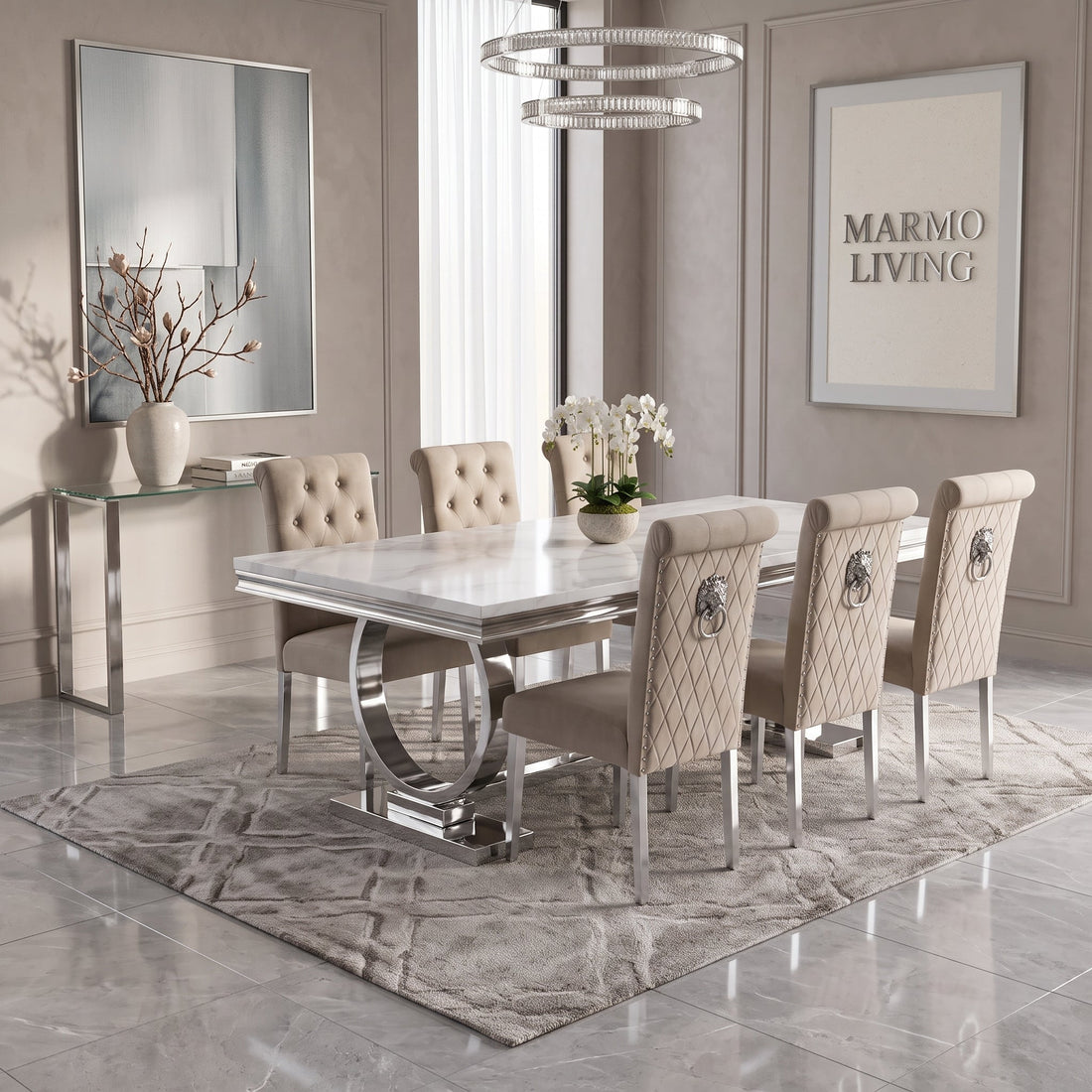 Ariana white marble dining set with Lucy mink velvet chairs