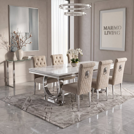 Ariana white marble dining set with Lucy mink velvet chairs