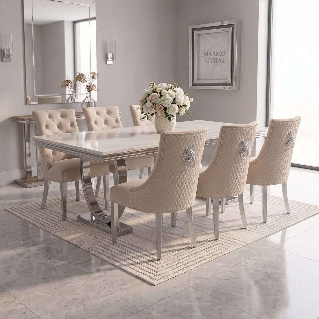 Ariana white marble dining set with Majestic mink velvet chairs
