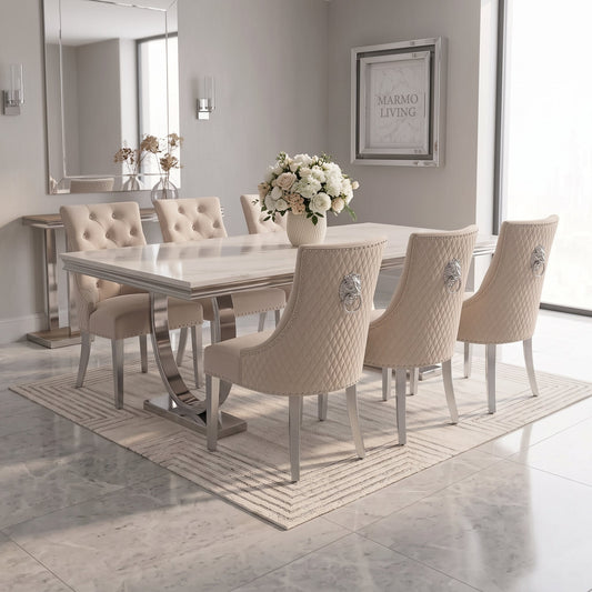 Ariana white marble dining set with Majestic mink velvet chairs