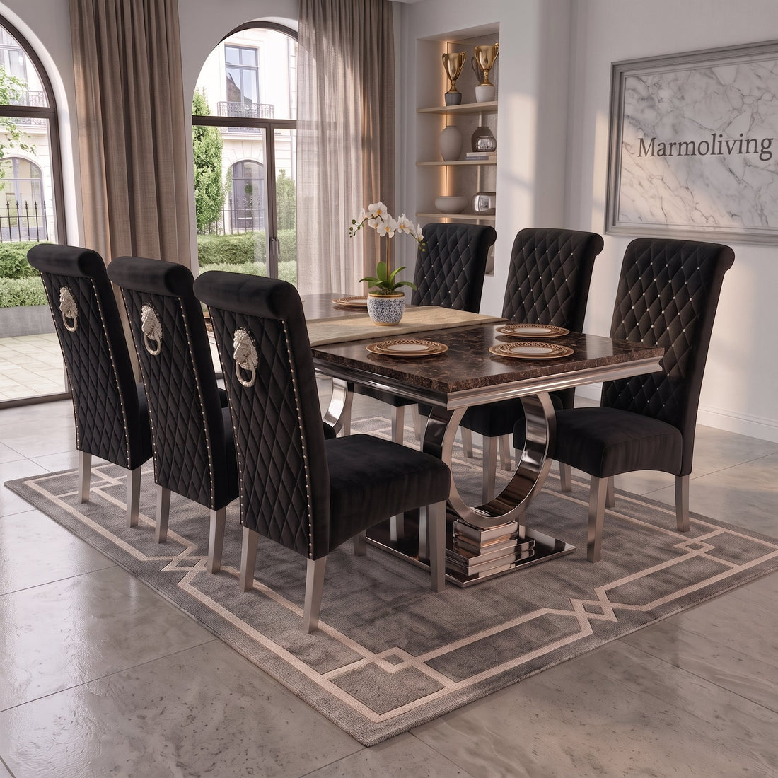 Ariana black marble dining table with Lucy black velvet chairs