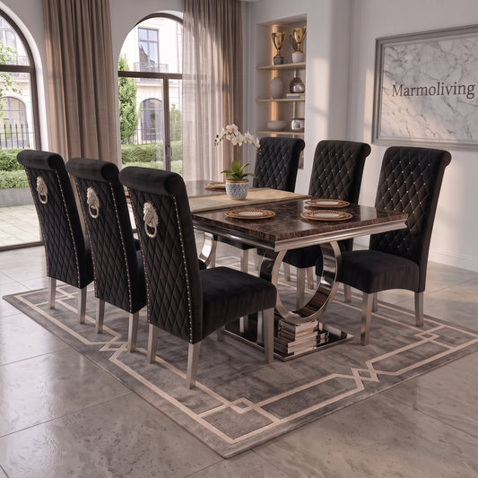 Ariana black marble dining table with Lucy black velvet chairs