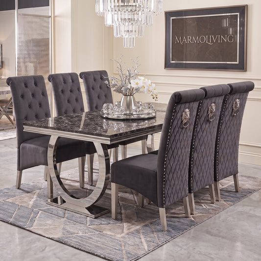 Ariana black marble dining set with Lucy dark grey velvet chairs
