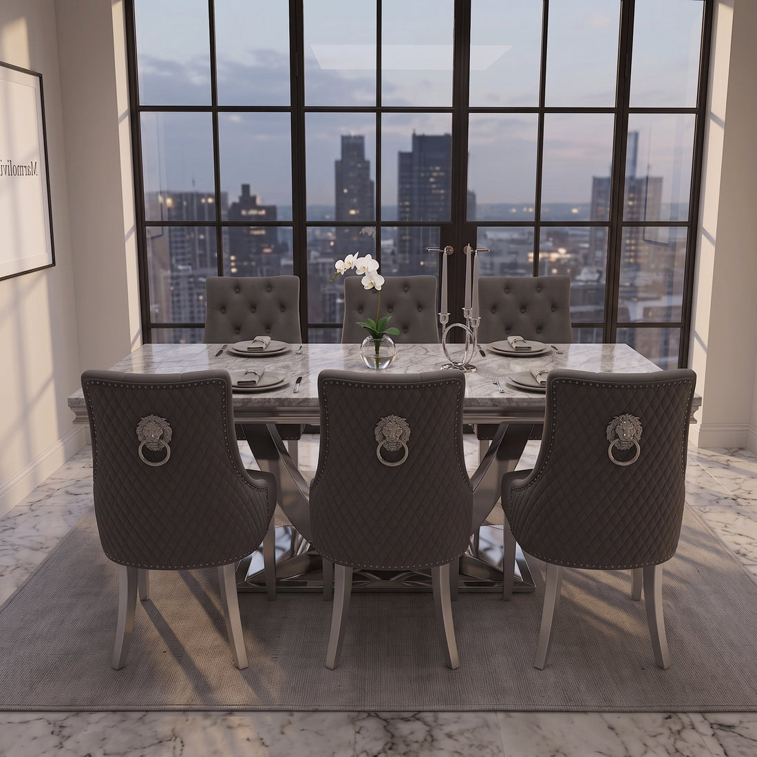 Ariel grey marble dining set with Majestic dark grey velvet chairs