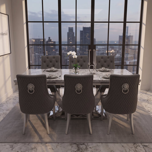 Ariel grey marble dining set with Majestic dark grey velvet chairs