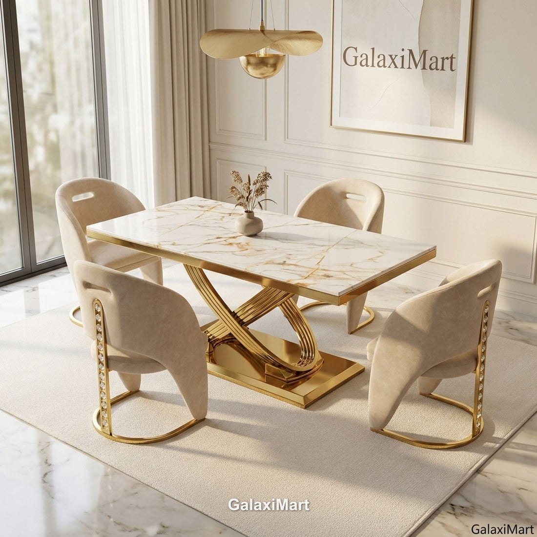 Elina white and gold marble dining table with crystal gold chairs
