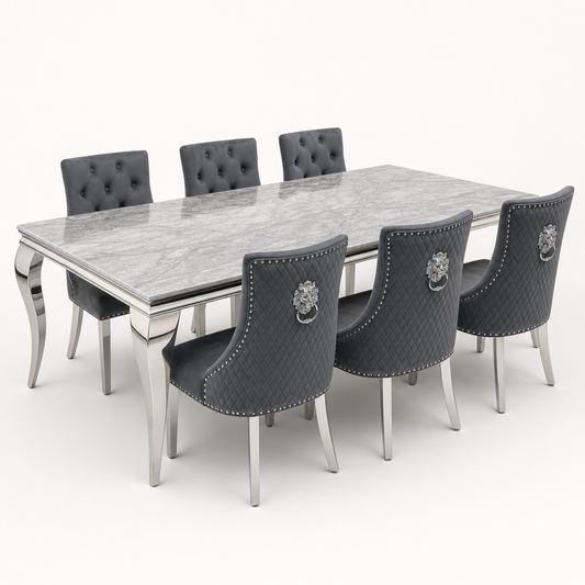 Louis grey marble dining set with Majestic dark grey velvet chairs