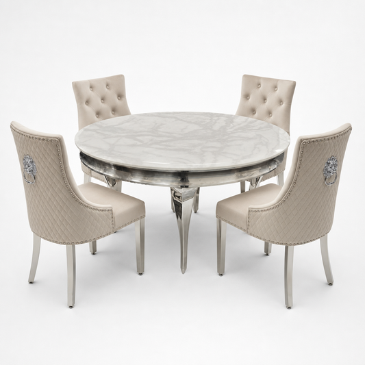 Round marble dining table with Majestic mink velvet chairs