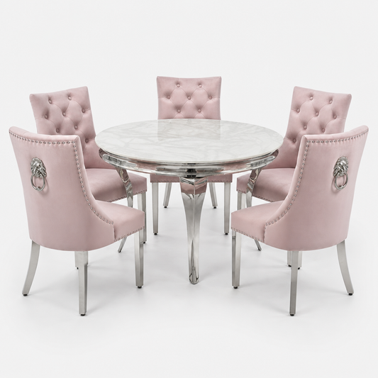 Louis white marble round dining set with Majestic pink velvet chairs