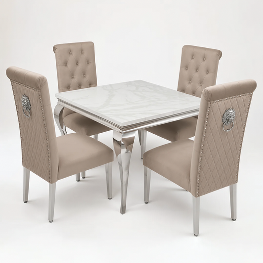 Marble dining set with Lucy mink velvet chairs and chrome legs
