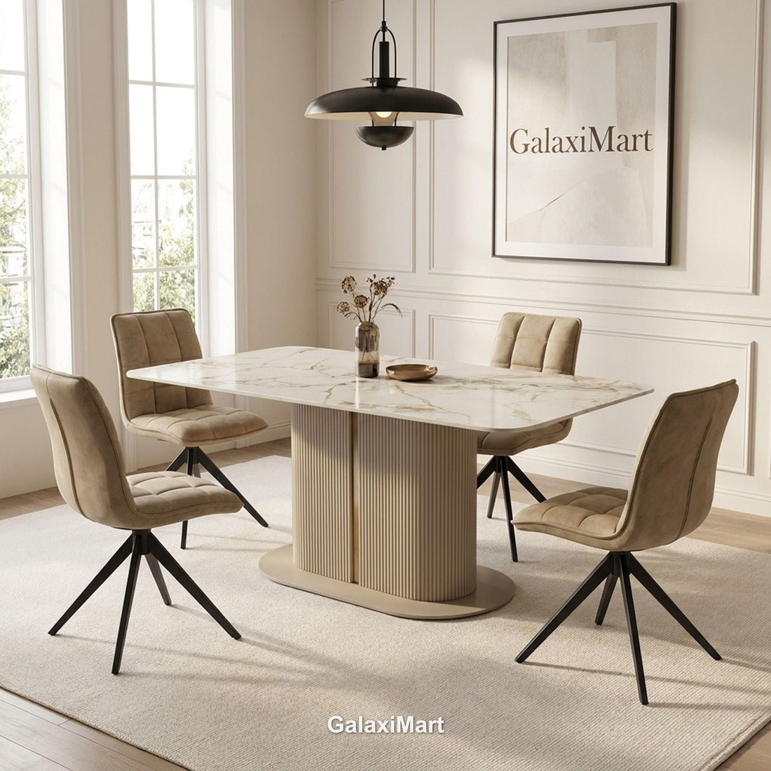 Sydney cream marble dining table with Indus Luna chairs