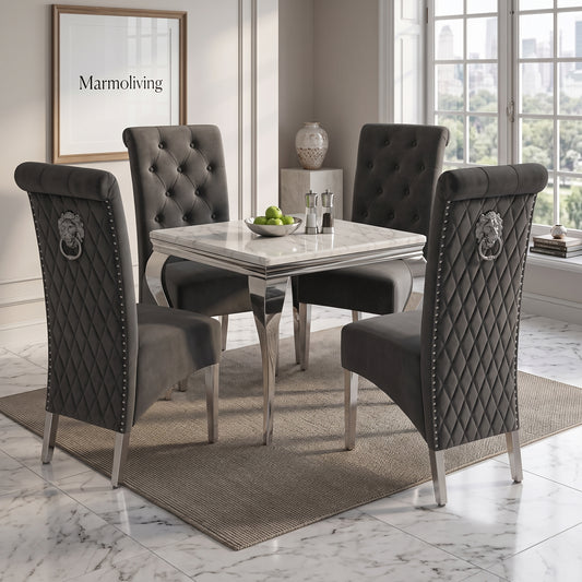 Louis White Marble Square Dining Set with Lucy Dark Grey Velvet Chairs