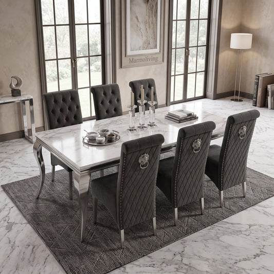 Louis White Marble Dining Set with Lucy Dark Grey Velvet Chairs