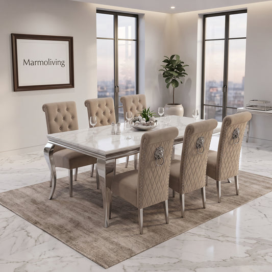 Louis White Marble Dining Set with Lucy Mink Velvet Chairs