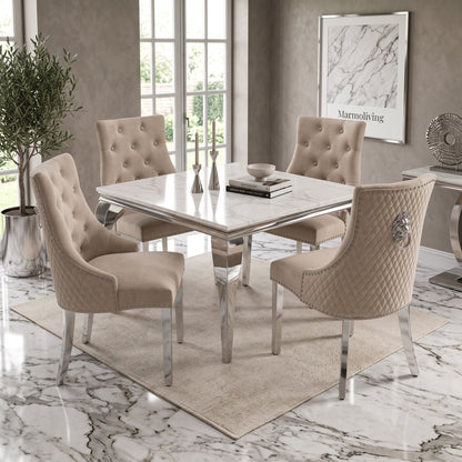 Louis White Marble Square Dining Set with Majestic Mink Velvet Chairs