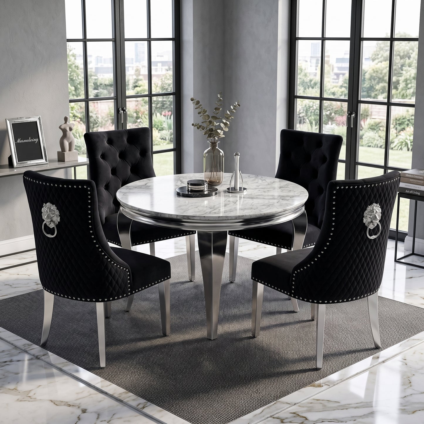 Louis Grey Marble Round Dining Set with Majestic Black Velvet Chairs