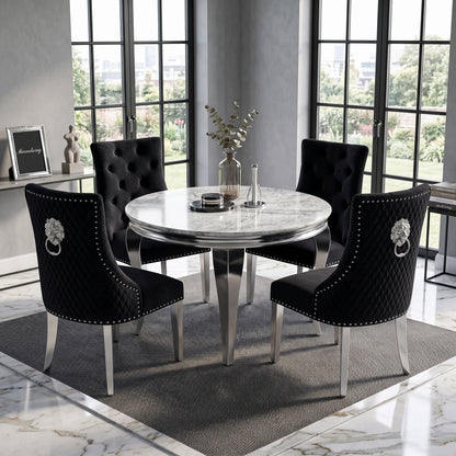 Louis Grey Marble Round Dining Set with Majestic Black Velvet Chairs