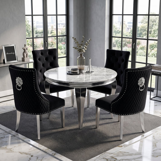 Louis Grey Marble Round Dining Set with Majestic Black Velvet Chairs