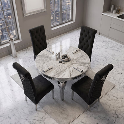 Louis Grey Marble Round Dining Set with Lucy Black Velvet Chairs