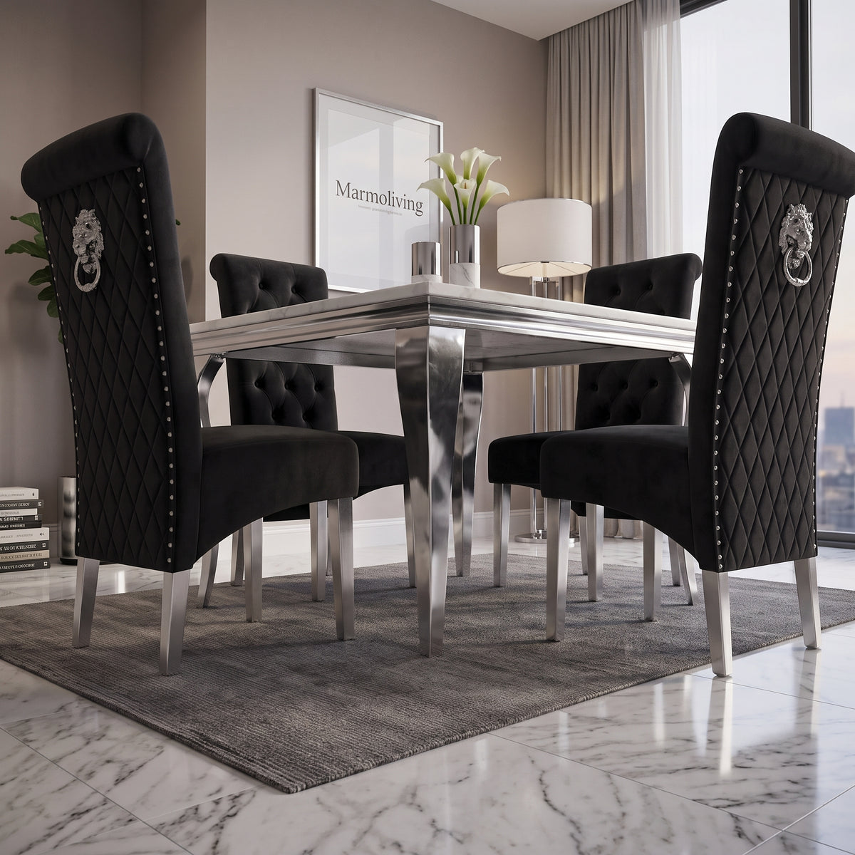 Louis White Marble Square Dining Set with Lucy Black Velvet Chairs