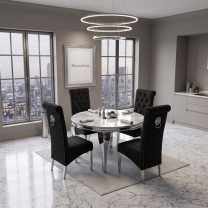 Louis Grey Marble Round Dining Set with Lucy Black Velvet Chairs