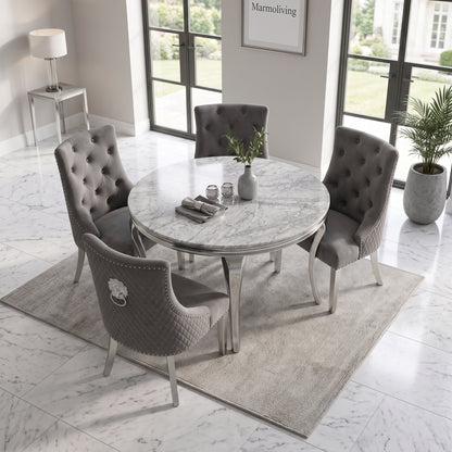 Louis Grey Marble Round Dining Set with Majestic Dark Grey Velvet Chairs