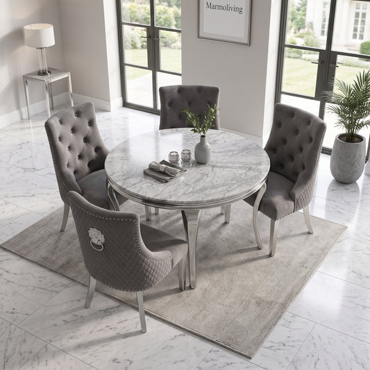 Louis Grey Marble Round Dining Set with Majestic Dark Grey Velvet Chairs