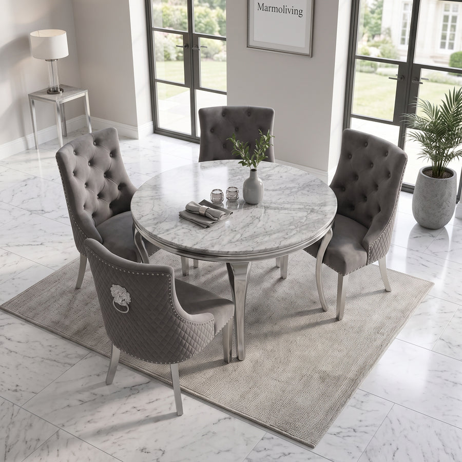 Louis Grey Marble Round Dining Set with Majestic Dark Grey Velvet Chairs