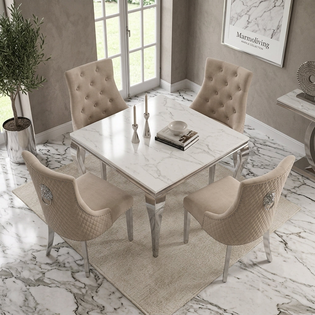 Louis White Marble Square Dining Set with Majestic Mink Velvet Chairs